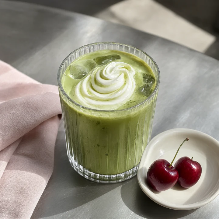 Iced matcha with a white cream swirl, cherries and folded linen on a sunlit cafe table