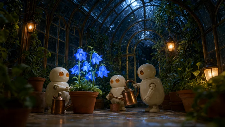 Tiny ivory gardening robots tend glowing plants inside a glass greenhouse at night